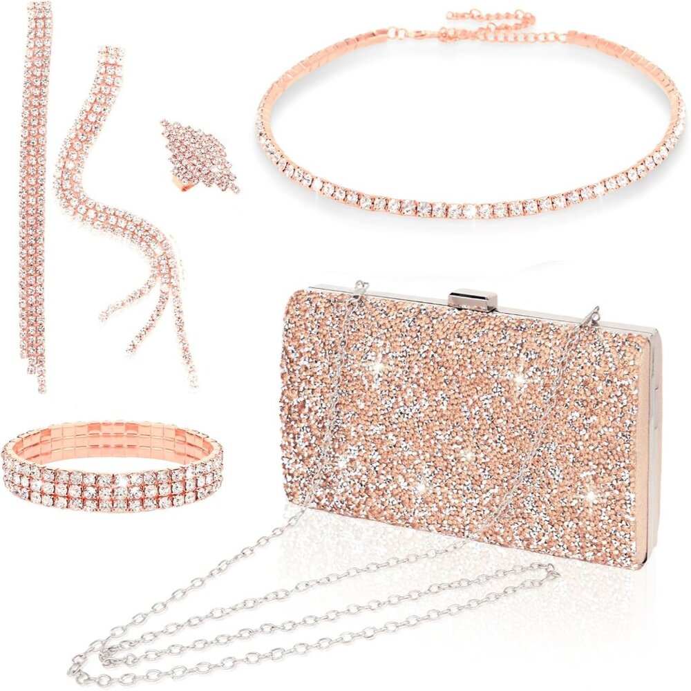 5pcs/set Jewelry Purse Set For Women Handbags Clutch Rhinestone Diamond Necklace